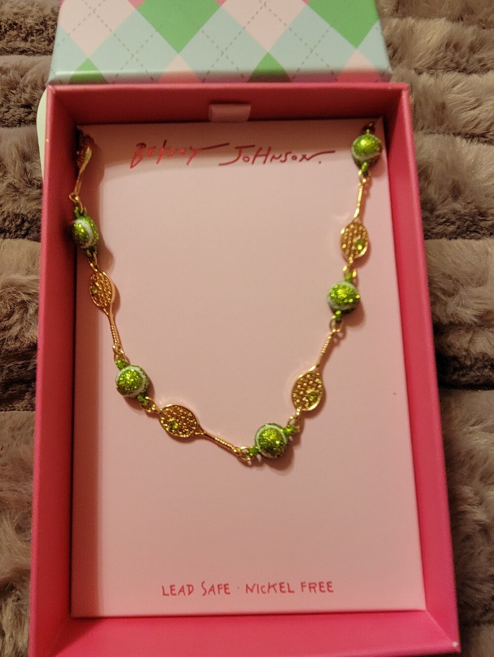 Betsey Johnson Lime Green and Gold Tennis Racket Necklace
